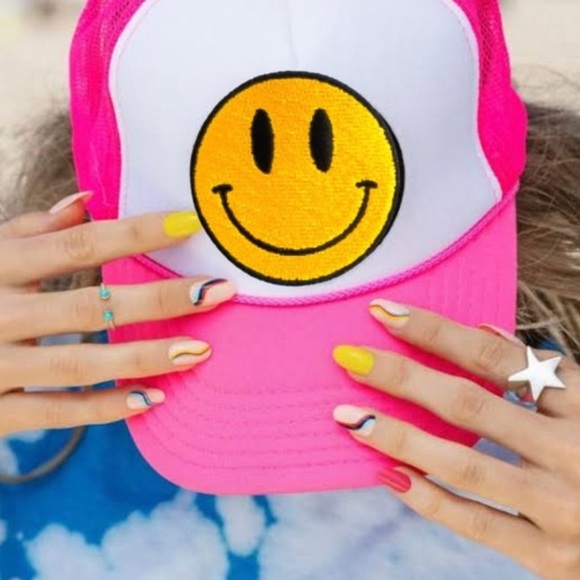 Smiley Face Trucker Hat Preppy y2k Embroidered Adjustable Women Teen - Picture 4 of 5
